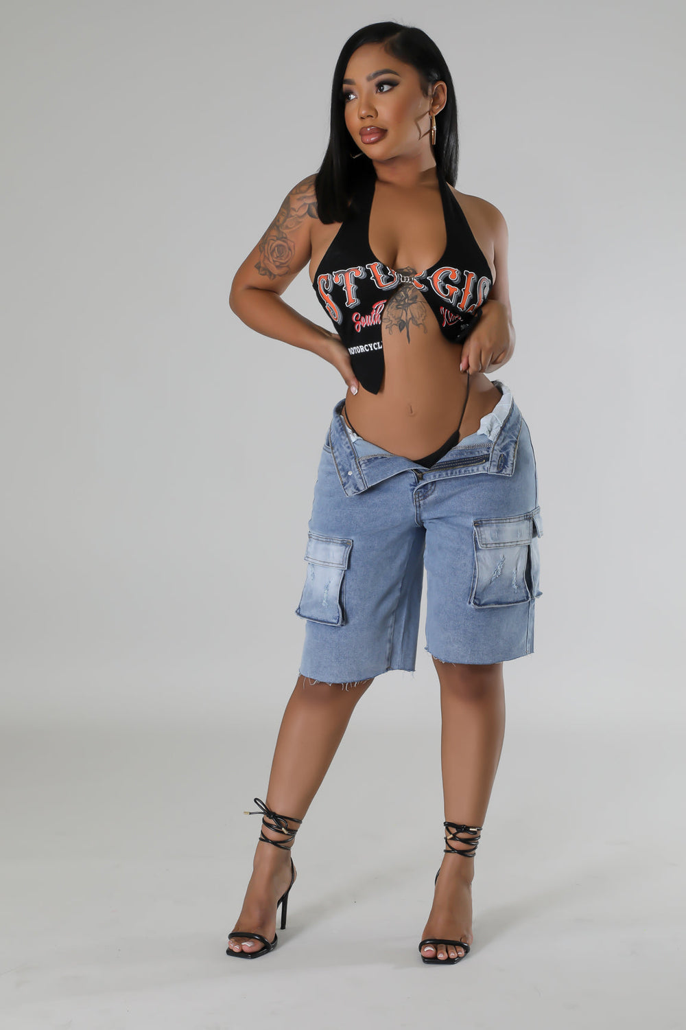 "In My Prime Era" Denim Cargo Bermuda Shorts.