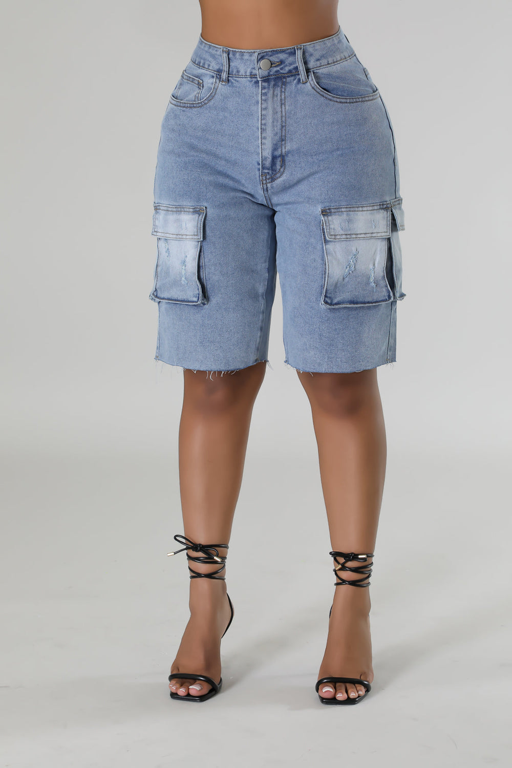 T"In My Prime Era" Denim Cargo Bermuda Shorts.