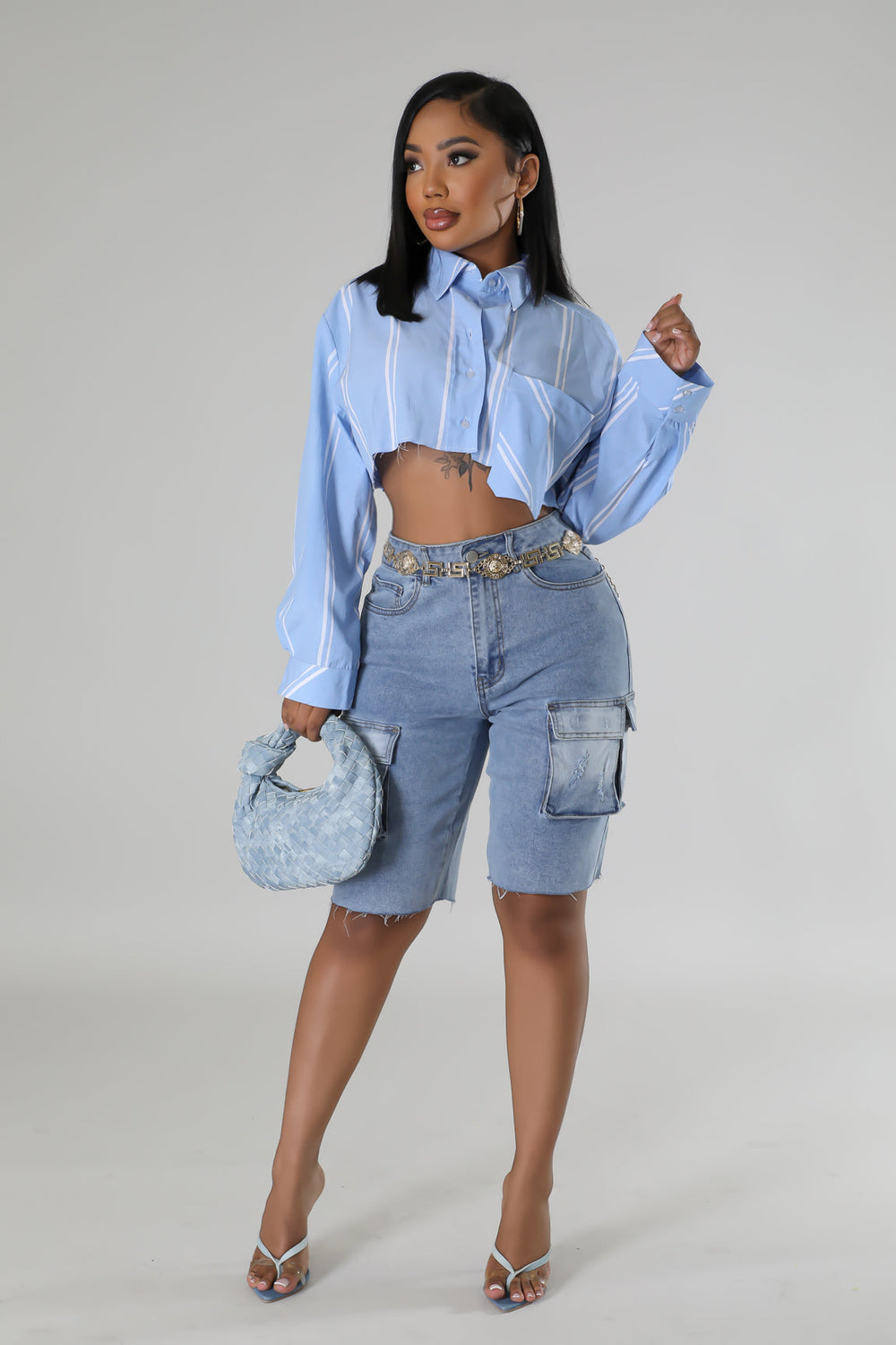 "In My Prime Era" Denim Cargo Bermuda Shorts.