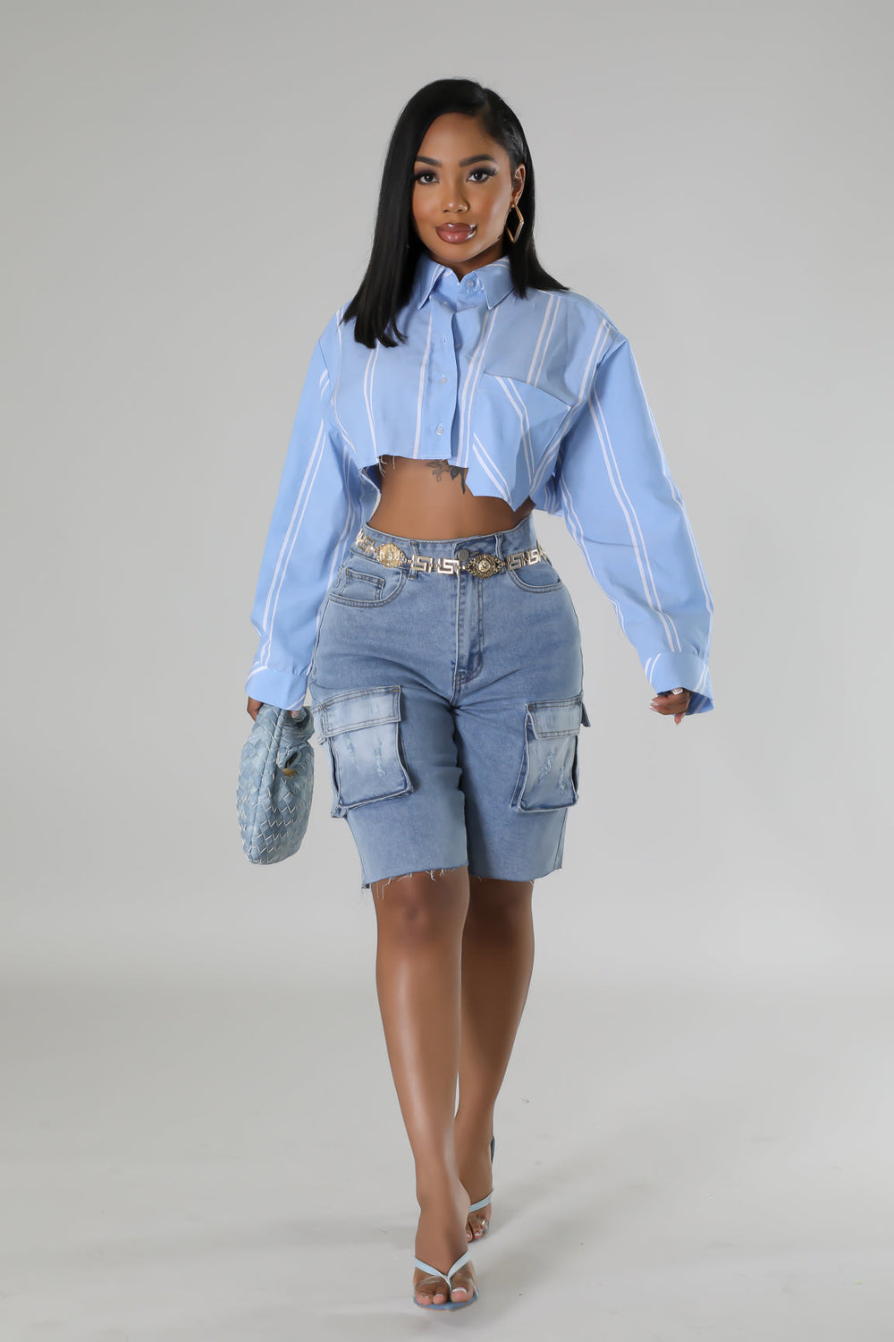 "In My Prime Era" Denim Cargo Bermuda Shorts.