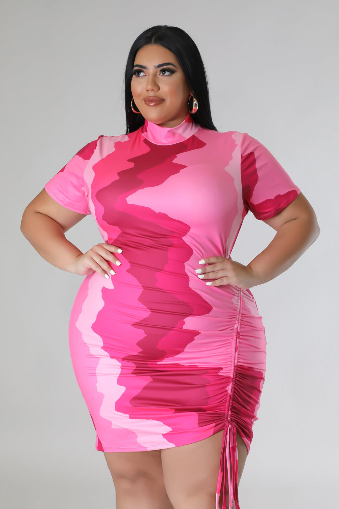 "Pretty Privilege" Plus Size Short Sleeve Ruched Drawstring Mini Dress. 