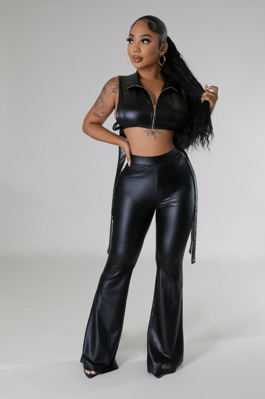 "Muse" Faux Leather Zipper Front Crop Top & High-Waisted Pants Set. 