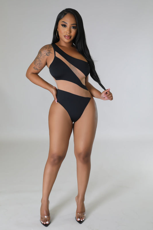 "Persuasive" One Shoulder Mesh Contrast Bodysuit.