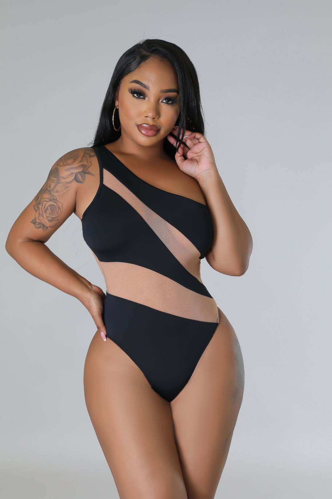 "Persuasive" One Shoulder Mesh Contrast Bodysuit.