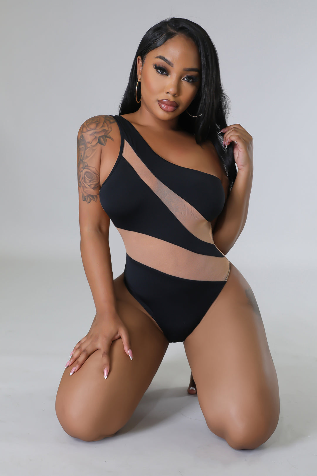 "Persuasive" One Shoulder Mesh Contrast Bodysuit.