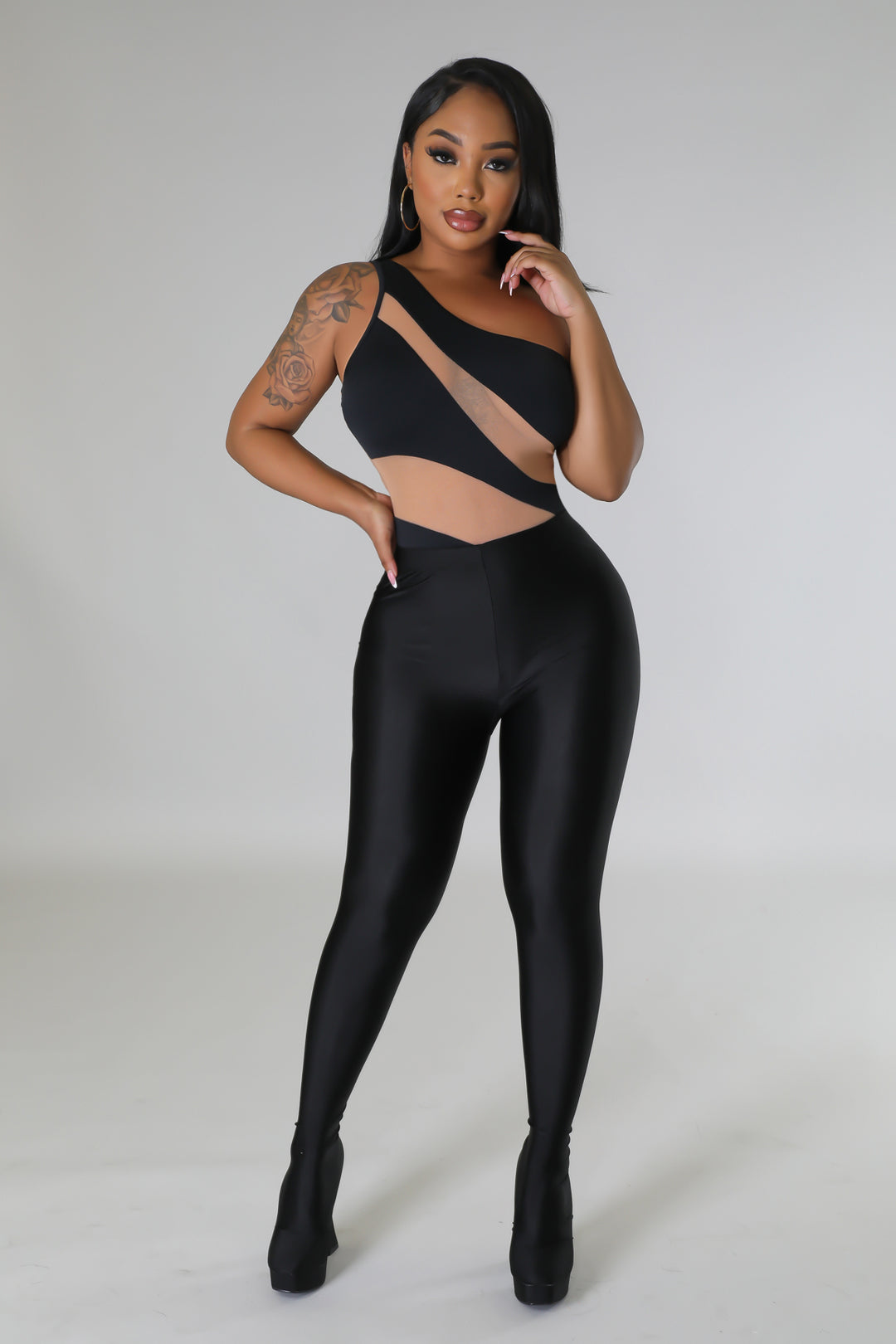 "Persuasive" One Shoulder Mesh Contrast Bodysuit.