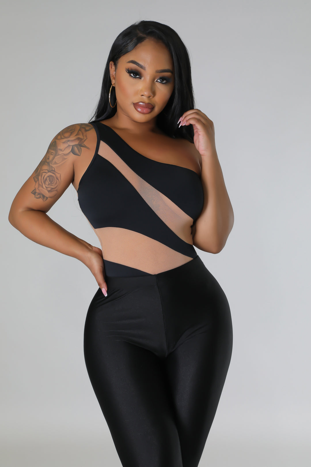 "Persuasive" One Shoulder Mesh Contrast Bodysuit.