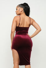 Load image into Gallery viewer, &quot;Pure Extravagance&quot; Velvet Cowl Neck Side Slit Midi Dress. 
