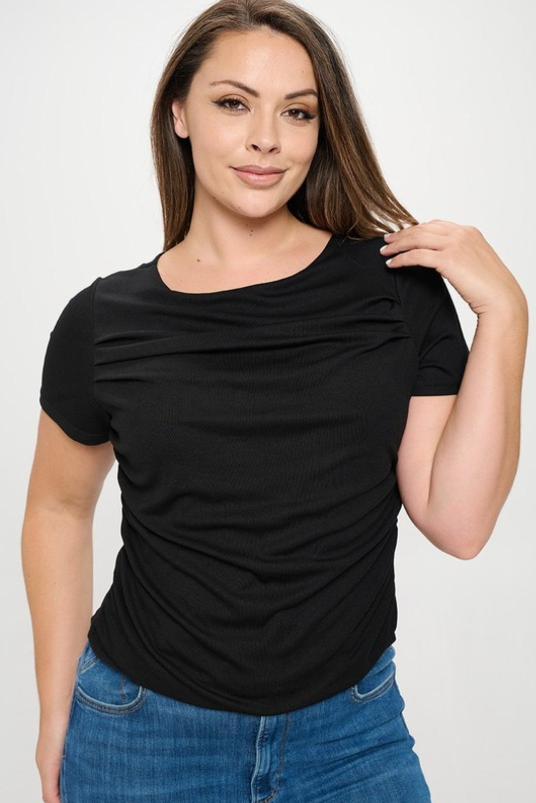 "Vibes Are Good" Plus Size Short Sleeve Ruched Top. 