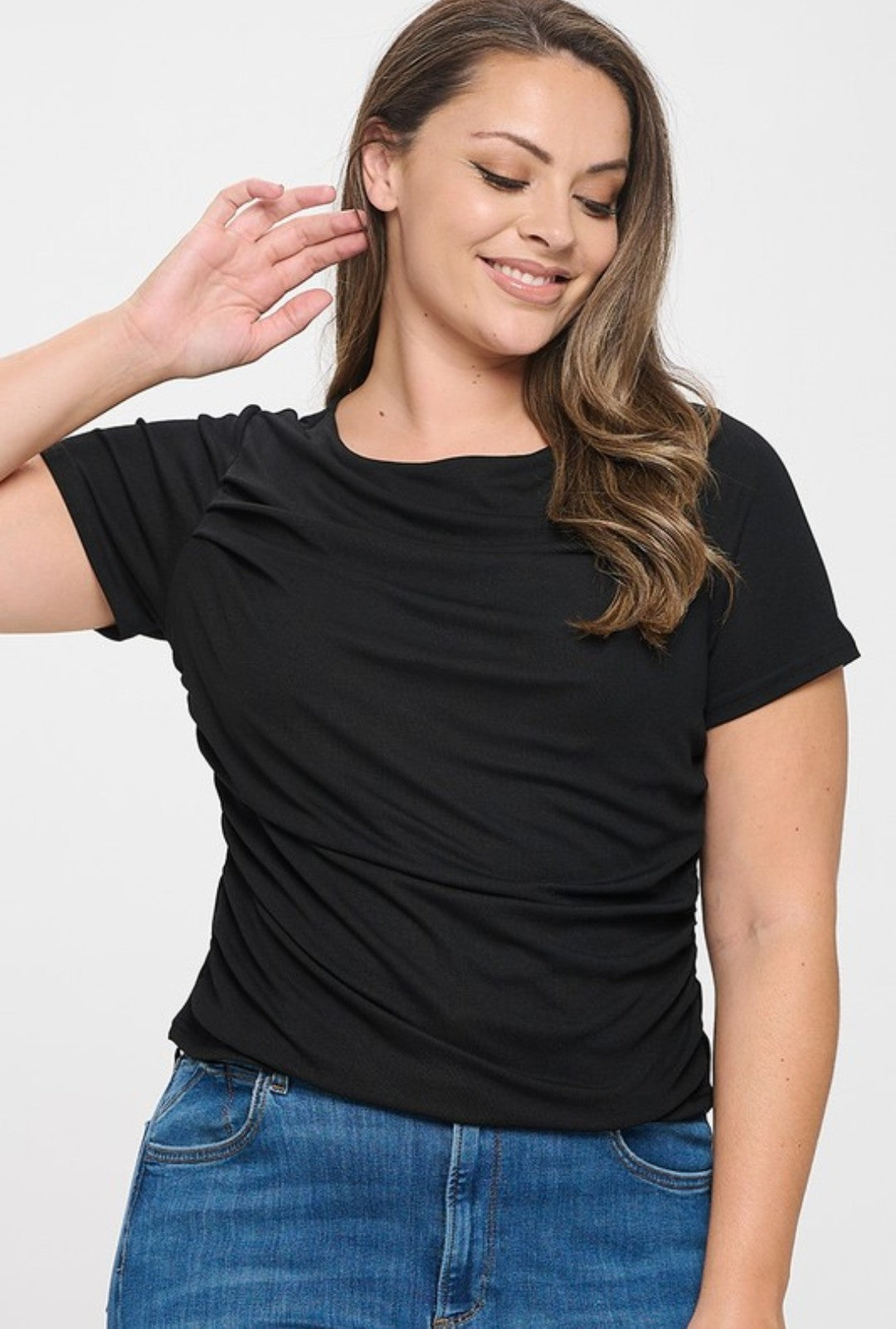 "Vibes Are Good" Plus Size Short Sleeve Ruched Top. 