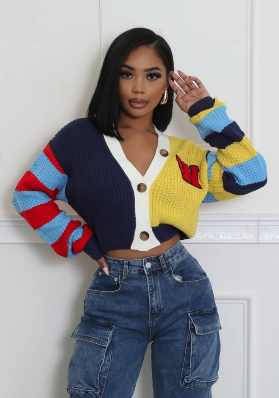 "Varsity Babe" Knitted Crop Top Cardigan. 