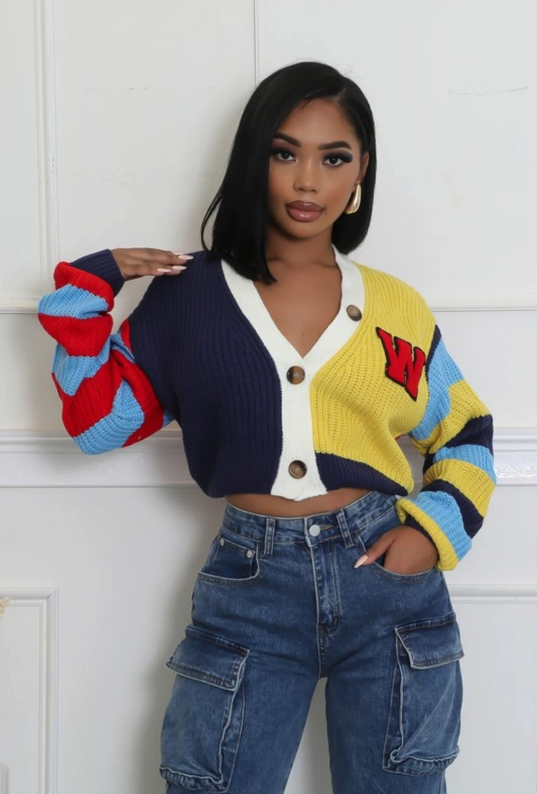 "Varsity Babe" Knitted Crop Top Cardigan. 