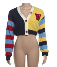 Load image into Gallery viewer, &quot;Varsity Babe&quot; Knitted Crop Top Cardigan. 
