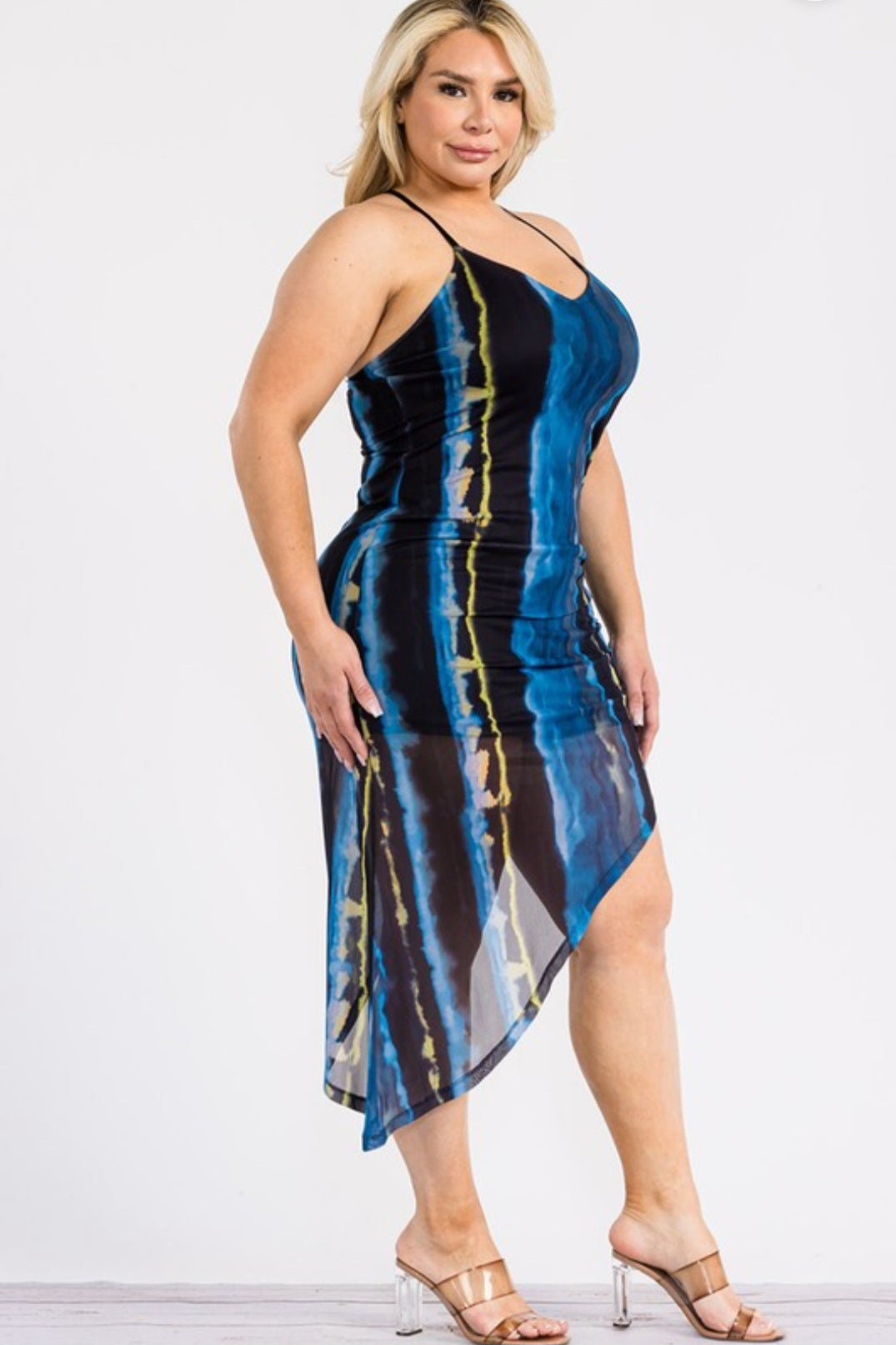 "In Paradise" Plus Size Asymmetrical Hem Sheer Dress. 