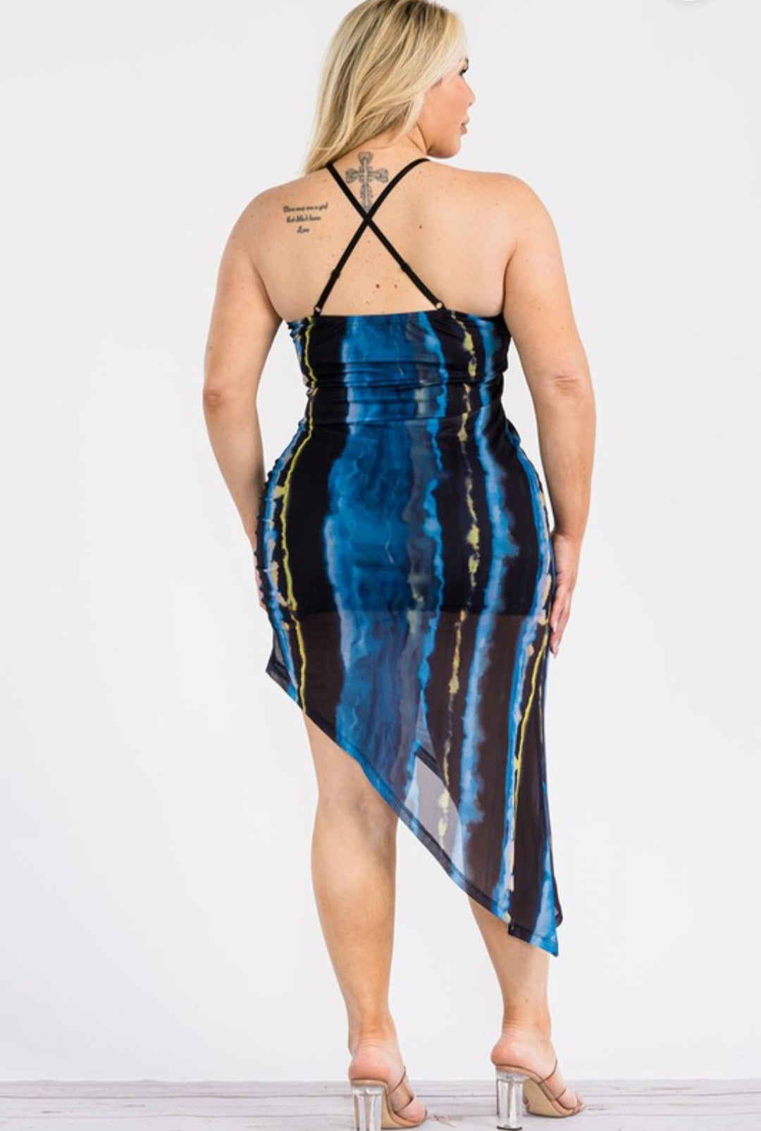 "In Paradise" Plus Size Asymmetrical Hem Sheer Dress. 