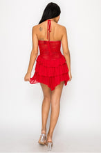 Load image into Gallery viewer, &quot;Ruby Red&quot; Halter Cutour Sheer Ruffle Mini Dress. 
