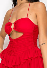 Load image into Gallery viewer, &quot;Ruby Red&quot; Halter Cutour Sheer Ruffle Mini Dress. 
