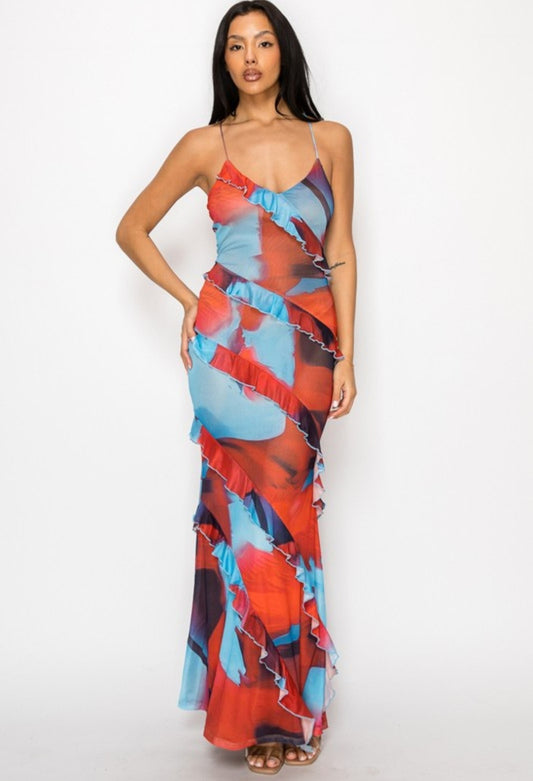 "Style & Grace" Ruffle Detailed Criss Cross Open Back Maxi Dress. 