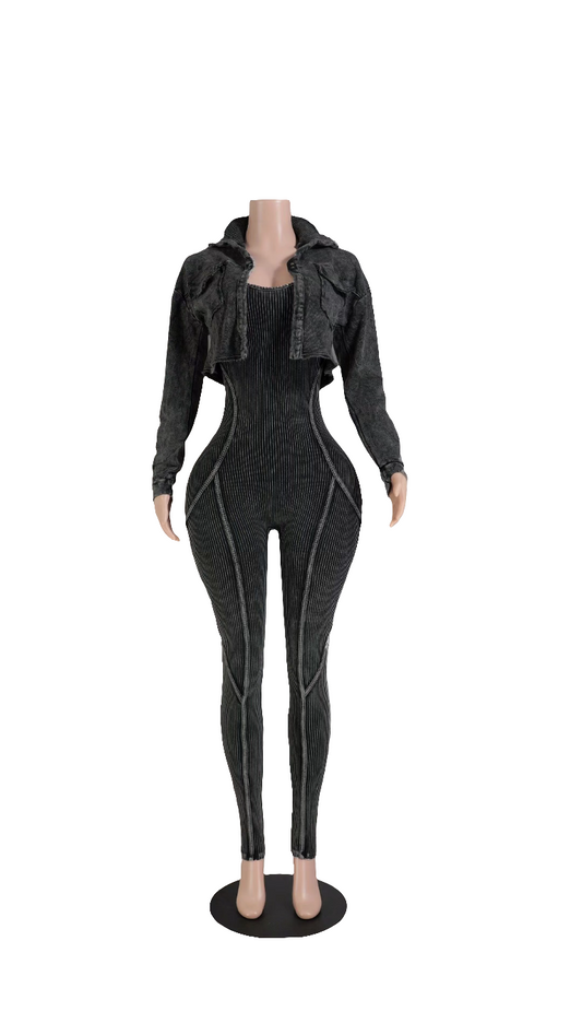 "League Of My Own" Mineral Wash Cropped Jacket & Contour Jumpsuit Set. 