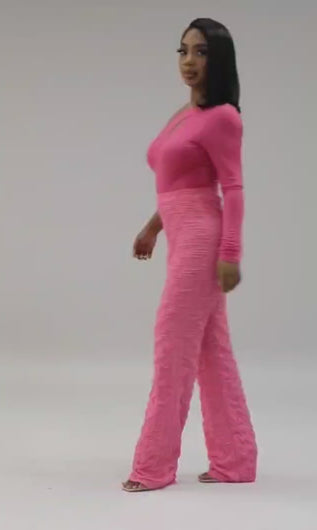 "Paint The Town Pink" One Shoulder Bodysuit & High Waist Pants Set. 