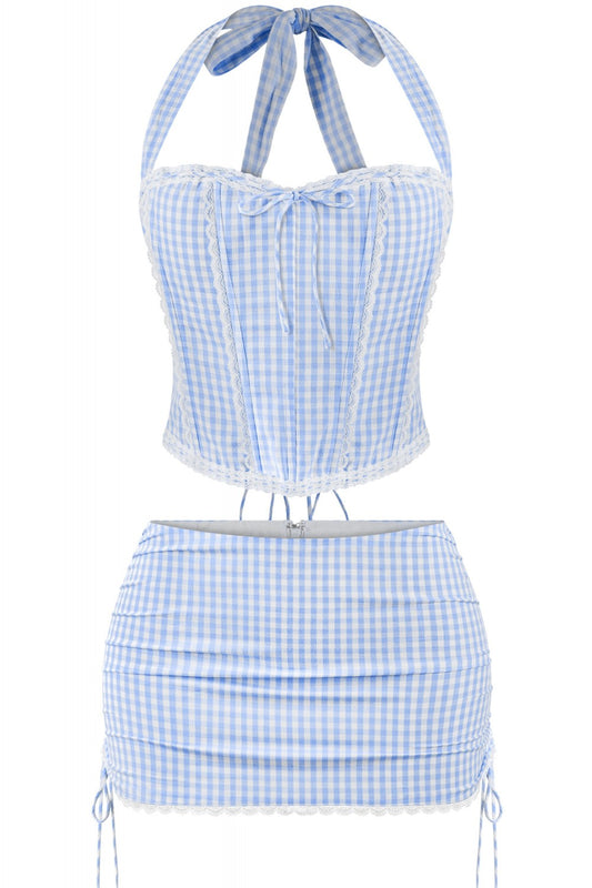 "Very Cutesy" Gingham Hakter Corset Top & Mini Skirt Set.