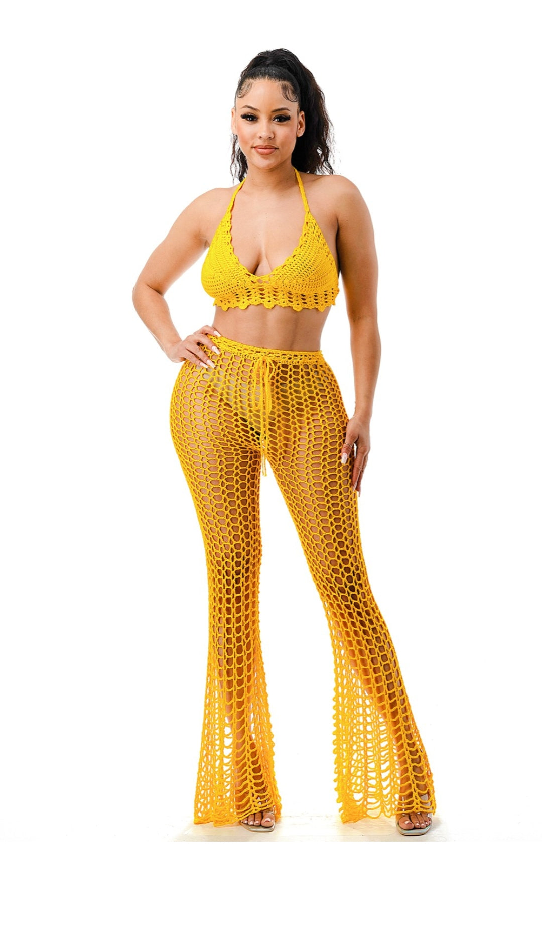 "In Her Element" Halter Neck Crochet Crop Top & Crochet Bell Bottoms Set. 