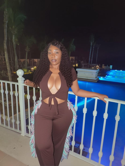"Outfit On Point" Plus Size Side Tassle Open Front Jumpsuit.