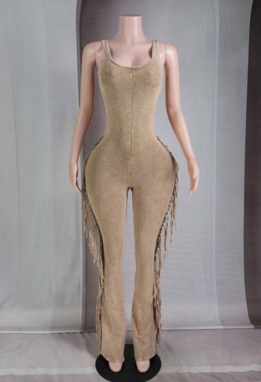 "Summer Nights, Arena Lights" Mineral Wash Fringe Open Back Jumpsuit.