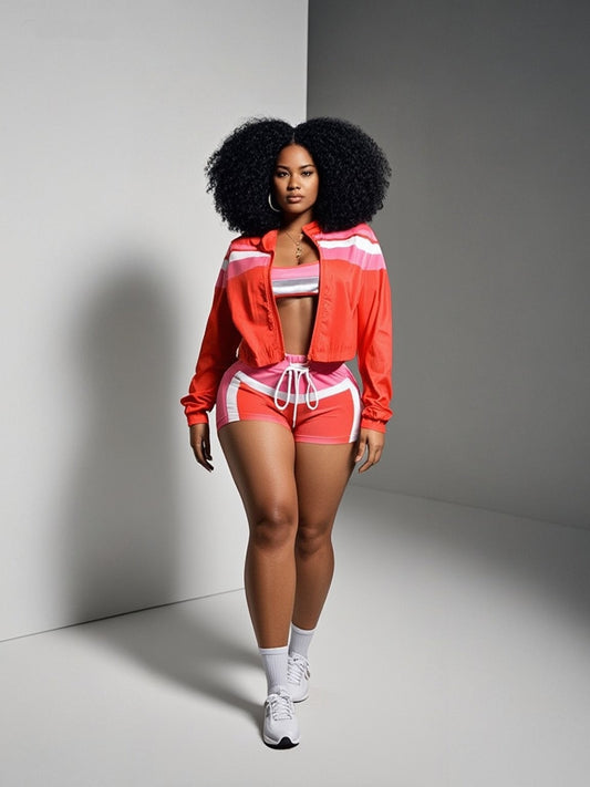 "Hey Boo!" Colorblock Jacket, Bra & Shorts Three Piece Set.