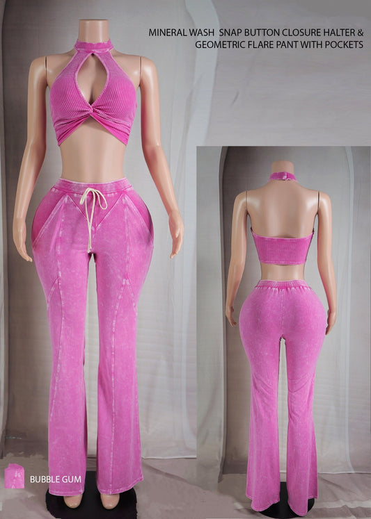 "His Favorite View" Mineral Wash Halter Crop Top & Flare Pants Set.