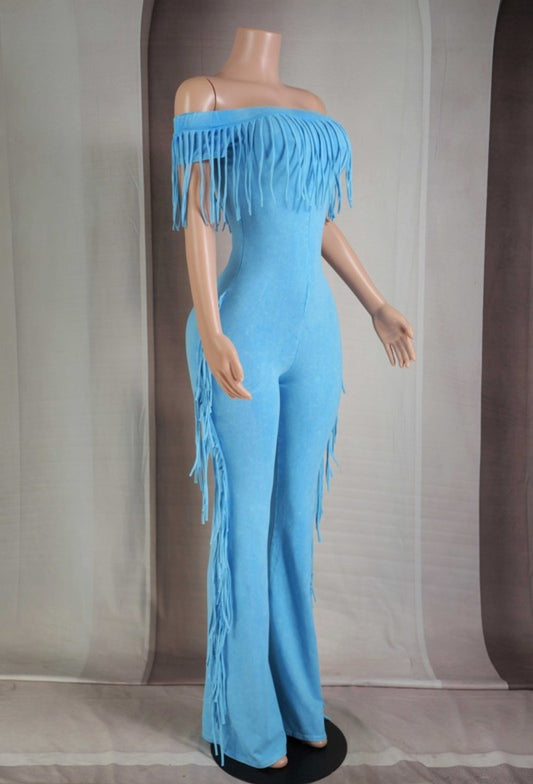 "Sweetest Girl In Town" Mineral Wash Fringe Off Shoulder Jumpsuit.