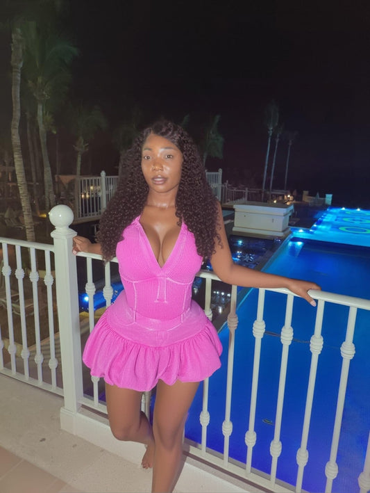 "Bubblegum Baddie" Deep V-Neck Collared Bubble Skirt Romper.