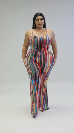 "Proceed With Caution" Plus Size Printed Strap Shoulder Jumpsuit.