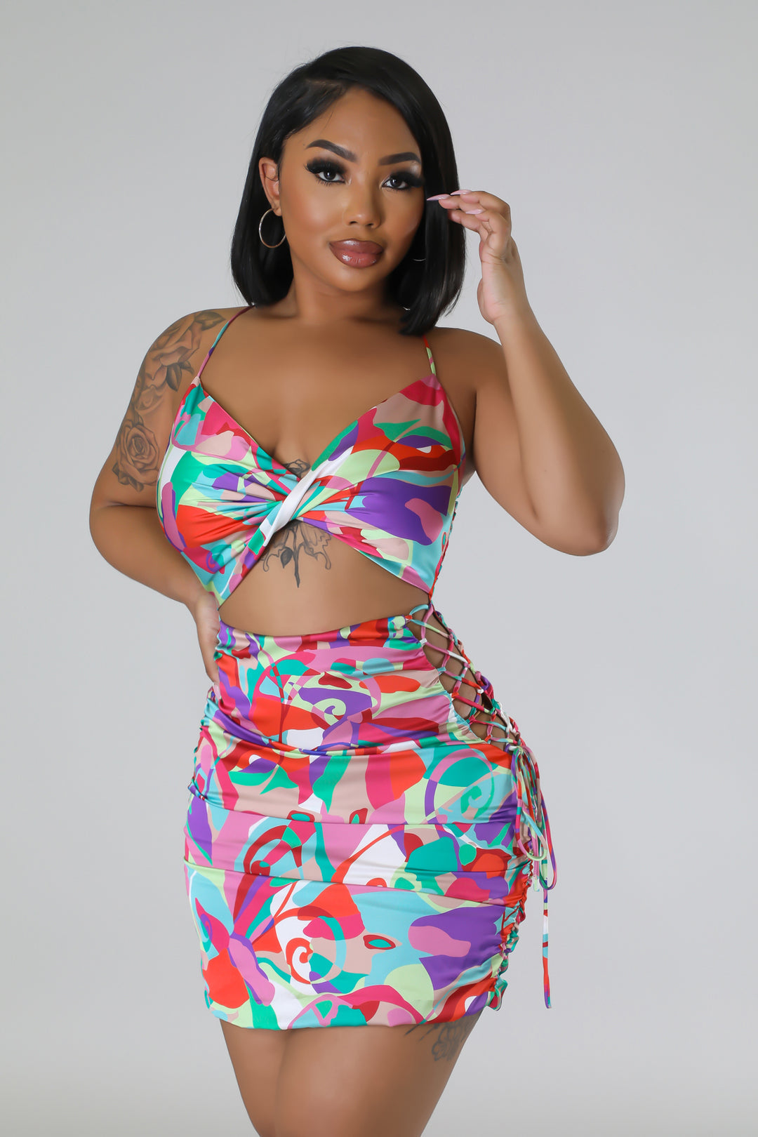 "Summer Preview" Cutout Satin Mini Dress. 