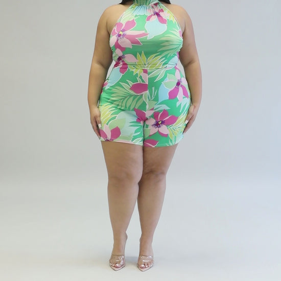 "Boujee, Bad & Thick" Plus Size Halter Neck Back Tie Romper.