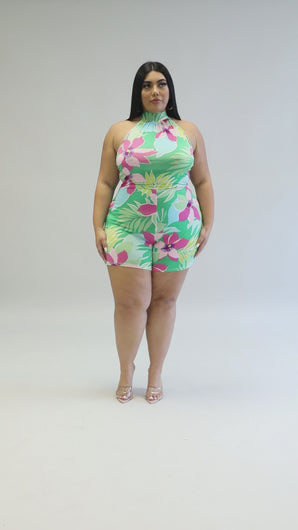 "Boujee, Bad & Thick" Plus Size Halter Neck Back Tie Romper.