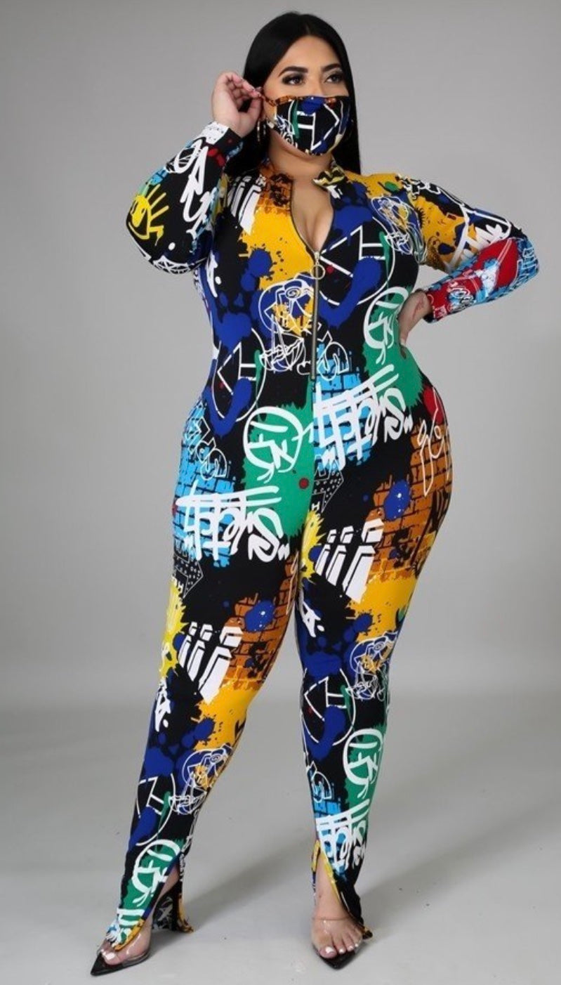 “Cabeza” Plus Size Basquiat Artwork Print Long Sleeve Bodycon Jumpsuit.
