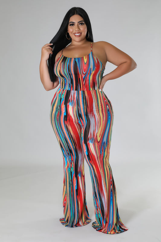 "Proceed With Caution" Plus Size Printed Strap Shoulder Jumpsuit.