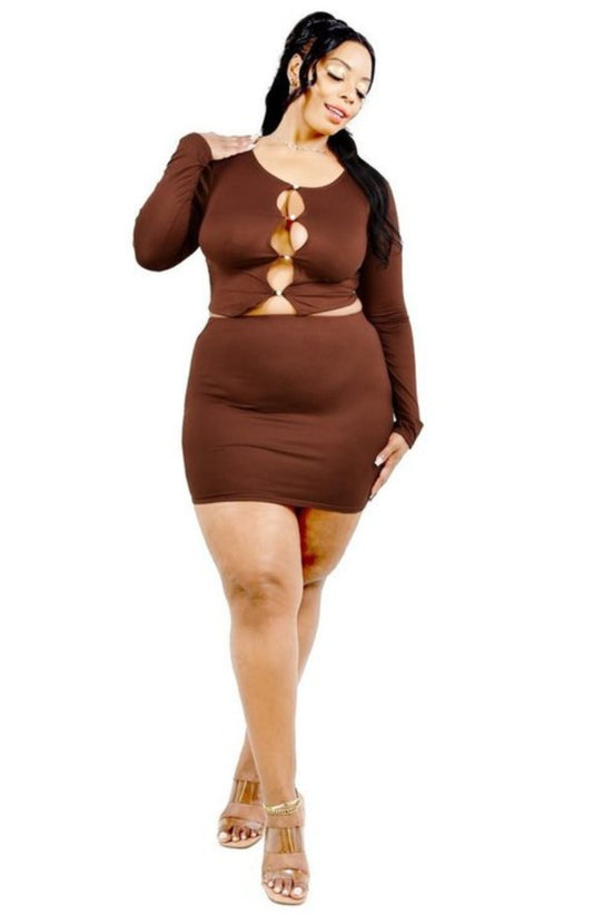 "Something Like A Trophy" Plus Size Long Sleeve Cutout Top & Mini Skirt Set.