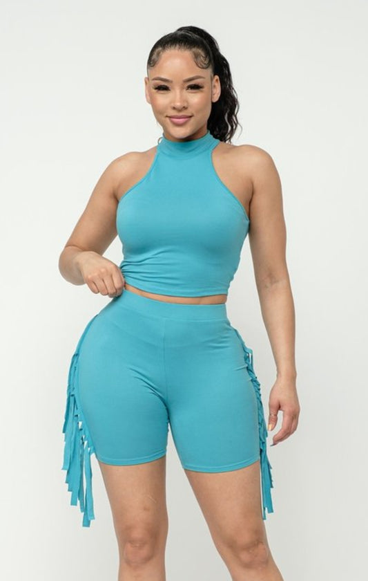 "Nothing To Discuss" Mock Neck Crop Top & Biker Shorts Set.